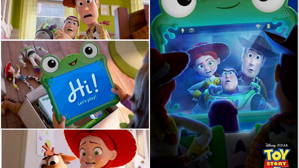 A vibrant cartoon collage from 'Toy Story 5' featuring characters Woody, Buzz Lightyear, and Jessie reacting to a playful tablet displaying a message and their own surprised faces, with colorful backgrounds highlighting the imaginative theme of the movie.