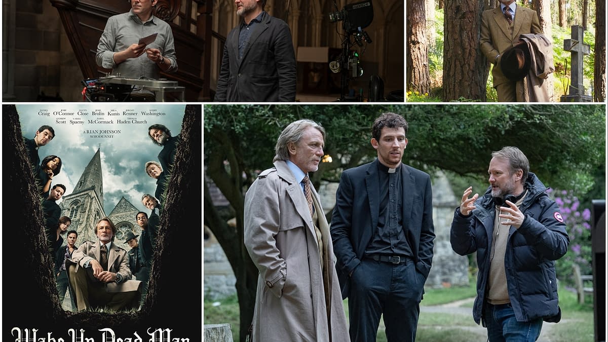 A collage featuring scenes from the film "Wake Up Dead Man," showcasing a director and actors in various settings, including an outdoor scene with gravestones, alongside a movie poster. The poster highlights the tagline of the mystery film, emphasizing its connection to the "Knives Out" series.