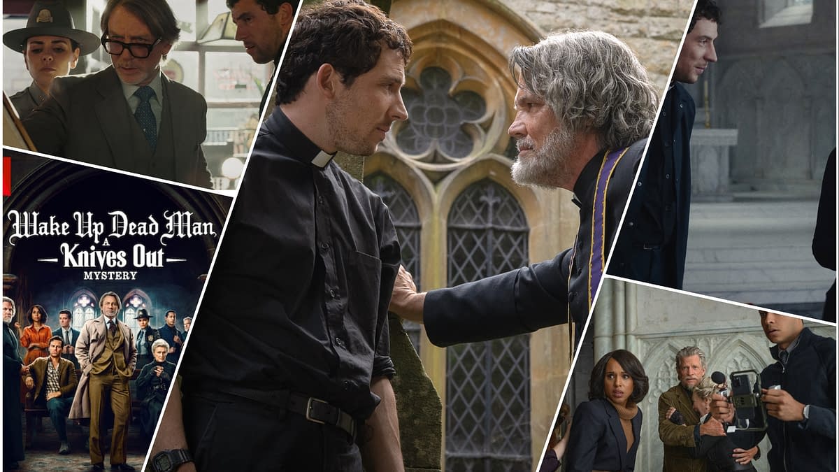 A collage featuring scenes from 'Wake Up Dead Man: A Knives Out Mystery,' showcasing various characters including a priest and a dramatic encounter outside an old building. The image combines elements of suspense and mystery.