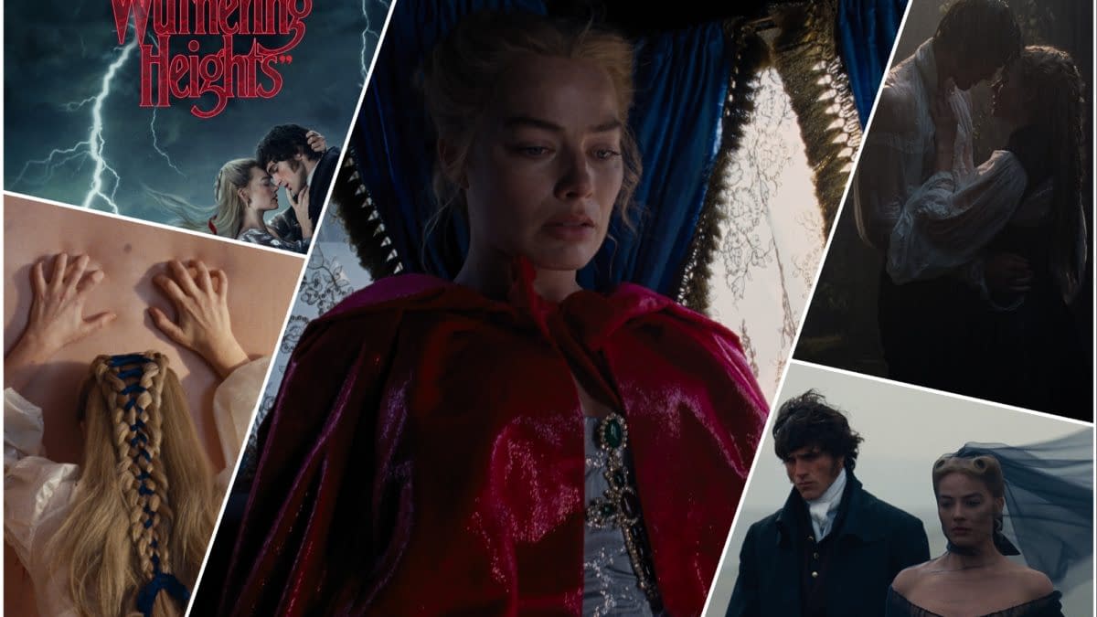 A collage representing "Wuthering Heights," featuring dramatic scenes and characters: a woman in a red cloak, a close-up of hands against a wall, a couple in a passionate embrace, and characters in period clothing against moody, atmospheric backdrops.