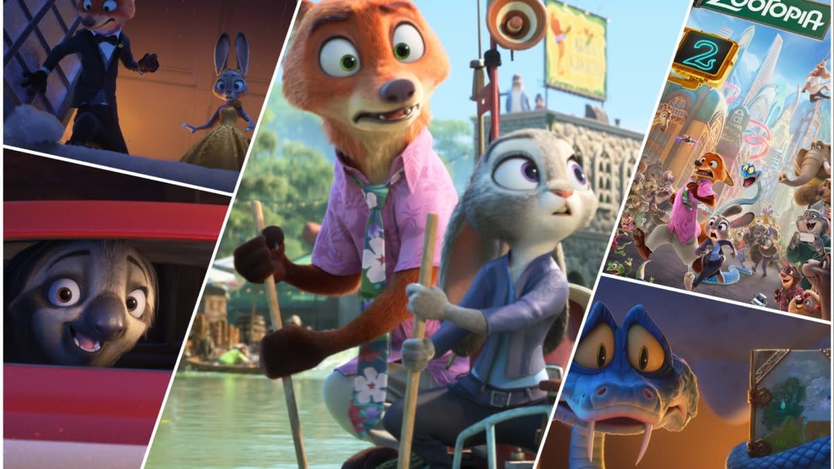 Collage featuring characters from 'Zootopia 2', including a fox and rabbit team, a surprised sloth, and a blue snake, showcasing various scenes from the animated film.