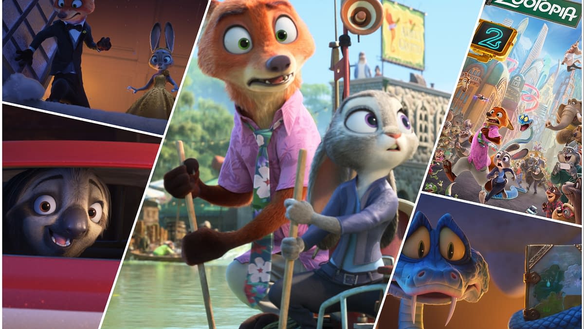 Collage featuring characters from 'Zootopia 2', including a fox and rabbit team, a surprised sloth, and a blue snake, showcasing various scenes from the animated film.