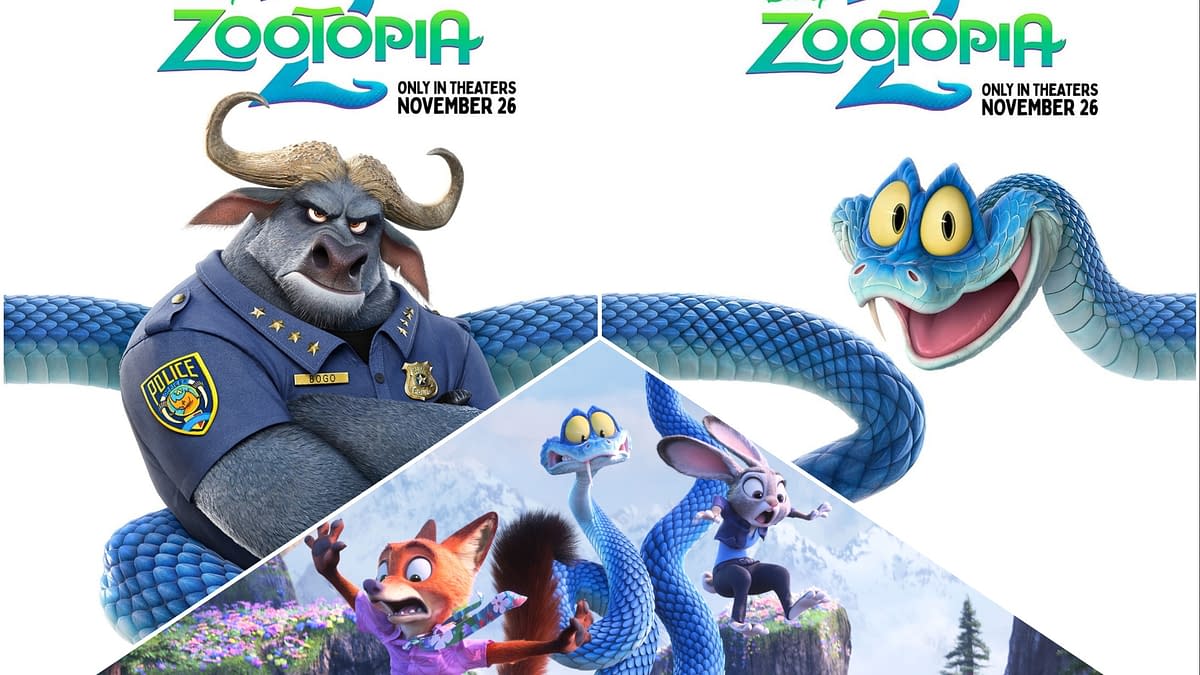 A promotional cartoon image for 'Zootopia 2' featuring the character Chief Bogo, a buffalo in police uniform, on the left, and a blue snake character on the right. The background includes scenes of the main animal characters, including a fox, a rabbit, and a stylized landscape.
