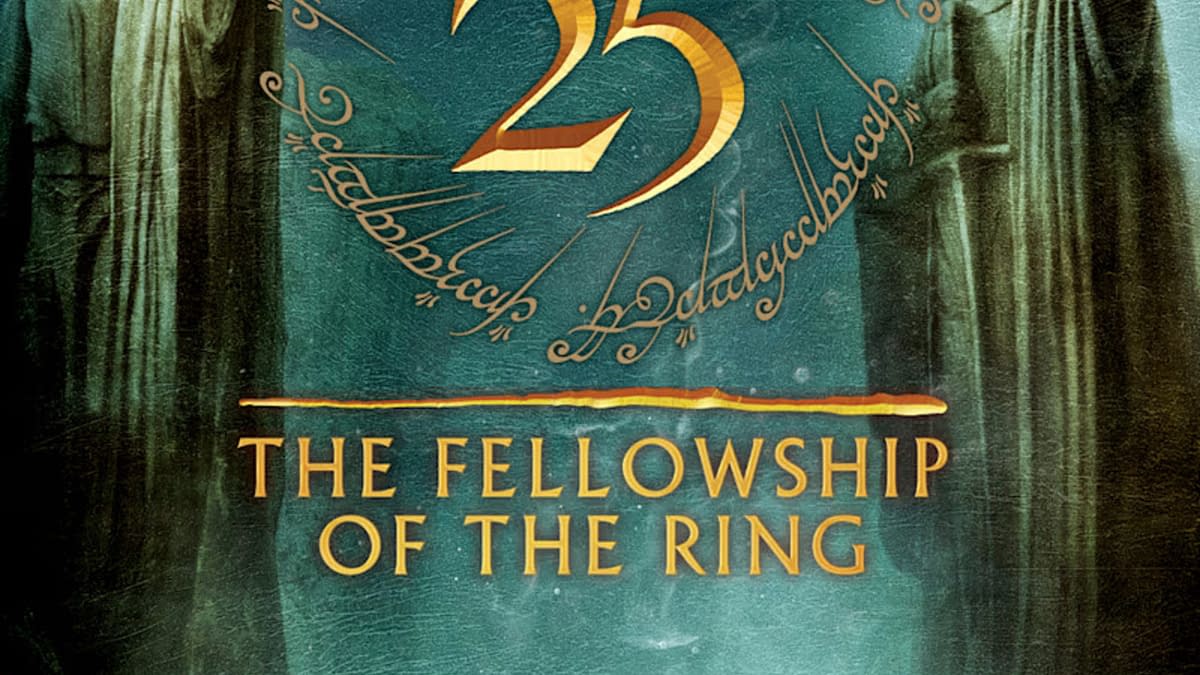 A promotional image for the 25th anniversary of 'The Lord of the Rings: The Fellowship of the Ring,' featuring the title in gold letters against a misty, mystical background with hint of iconic statues from the film.