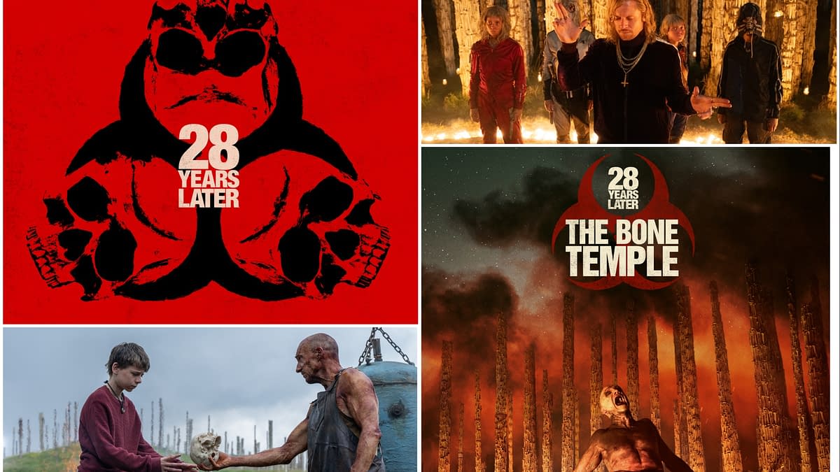 A collage featuring visuals related to the film '28 Years Later', including a striking logo with a skull design, scenes of characters in a haunting environment, and promotional graphics for 'The Bone Temple'. The dominant colors are red and dark tones, emphasizing a horror theme.
