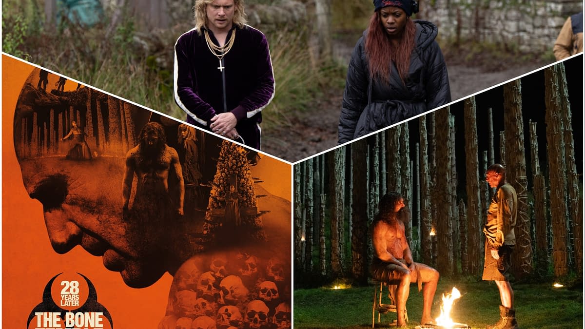 A collage featuring scenes from '28 Years Later: The Bone Temple', including a character with long hair dressed in regal attire, a woman walking in a wooded area, and two men interacting near a fire amidst eerie trees. The prominent background displays stylized graphics with skulls and a face silhouette, highlighting the film's darker themes.