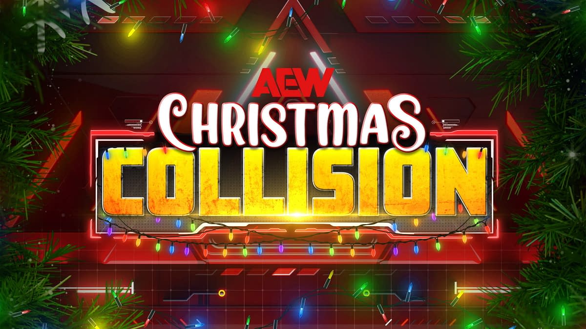 A vibrant and festive graphic featuring the words 'AEW Christmas Collision' in bold, colorful letters, surrounded by holiday lights and greenery. The background has a tech-inspired design with red and neon elements.