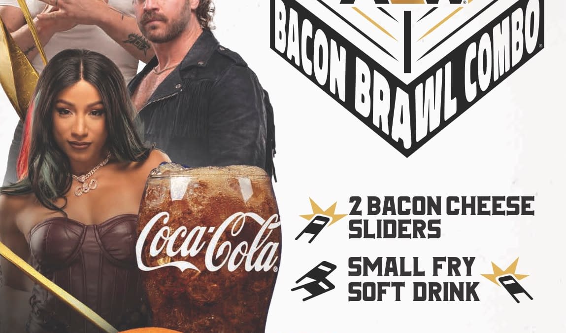A promotional graphic for the AEW Bacon Brawl Combo featuring two bacon cheese sliders, a small fry, and a soft drink alongside three wrestlers posing in the background. The AEW logo is prominently displayed, emphasizing the collaboration with White Castle.