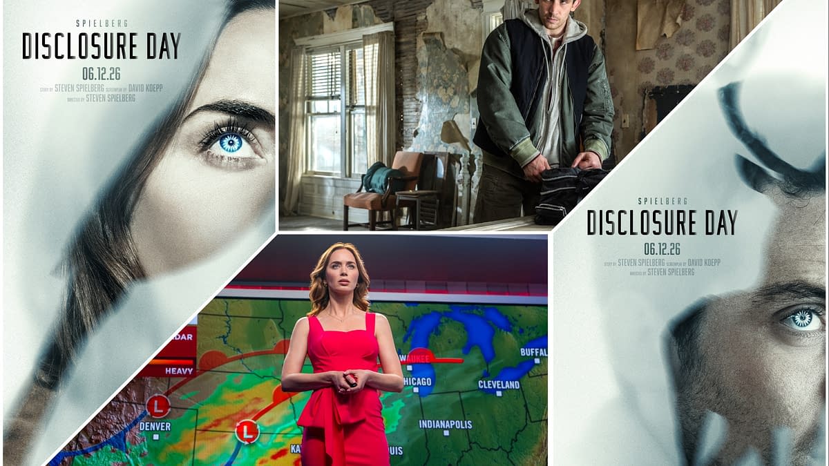 A promotional collage for the film 'Disclosure Day' featuring intriguing human expressions and landscapes. The artwork includes a close-up of a woman's eye, a man in a disheveled room, and a woman in a red dress standing in front of a weather map, conveying themes of suspense and anticipation.