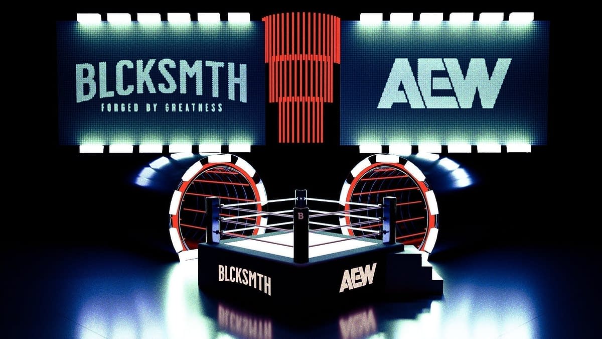 An illustration featuring a wrestling ring prominently displaying the logos for BLCKSMTH and AEW, illuminated by bright lights. The backdrop includes digital screens highlighting the brand names, creating a dynamic atmosphere.