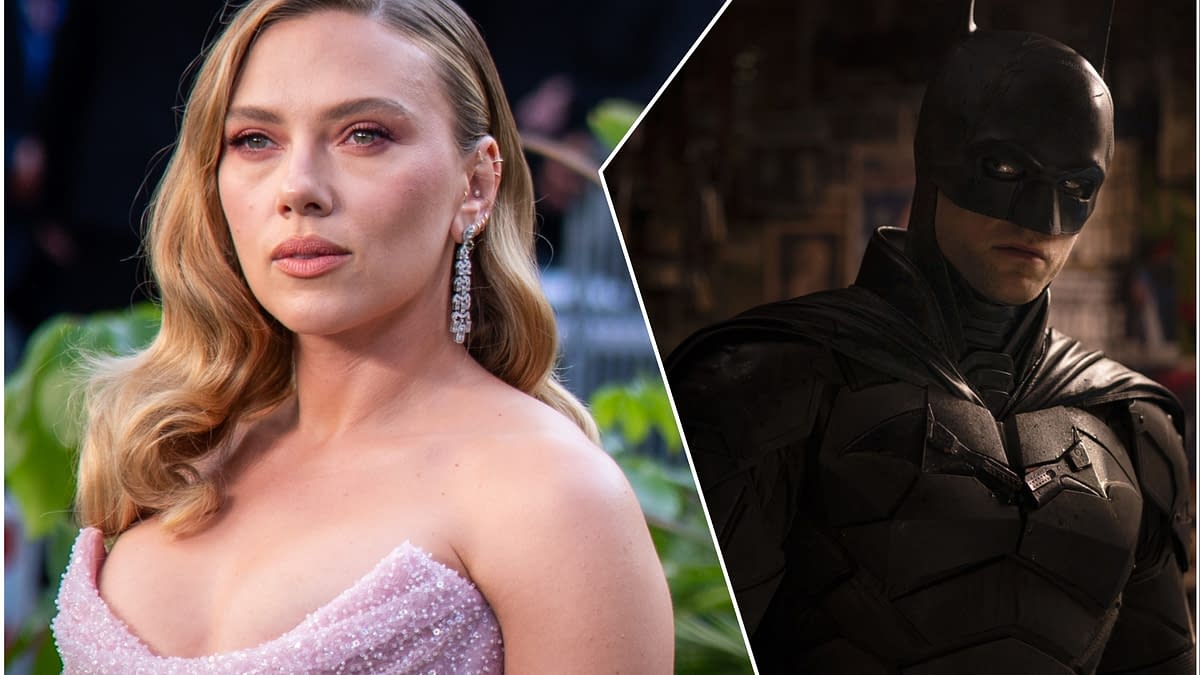 A split image featuring Scarlett Johansson in a pink sequined gown with elegant earrings on one side, and a portrayal of the character Batman wearing a dark, armored suit on the other. The overall theme suggests a connection to 'The Batman' film.