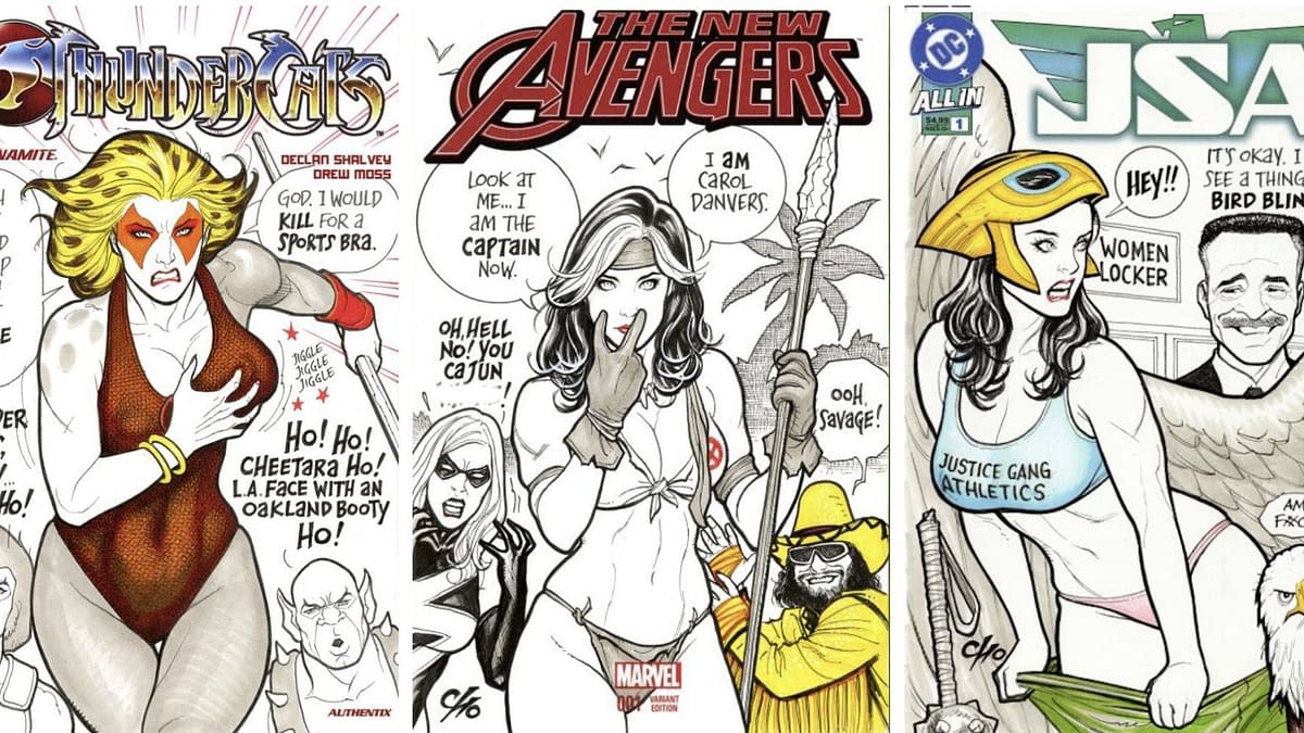 A comic-style illustration featuring three female superheroes: Cheetara from ThunderCats, Captain Marvel, and a character from JSA. Each is depicted with humorous, bold expressions and captions, showcasing their personalities. The background includes various comic elements and dialogues enhancing the playful tone.