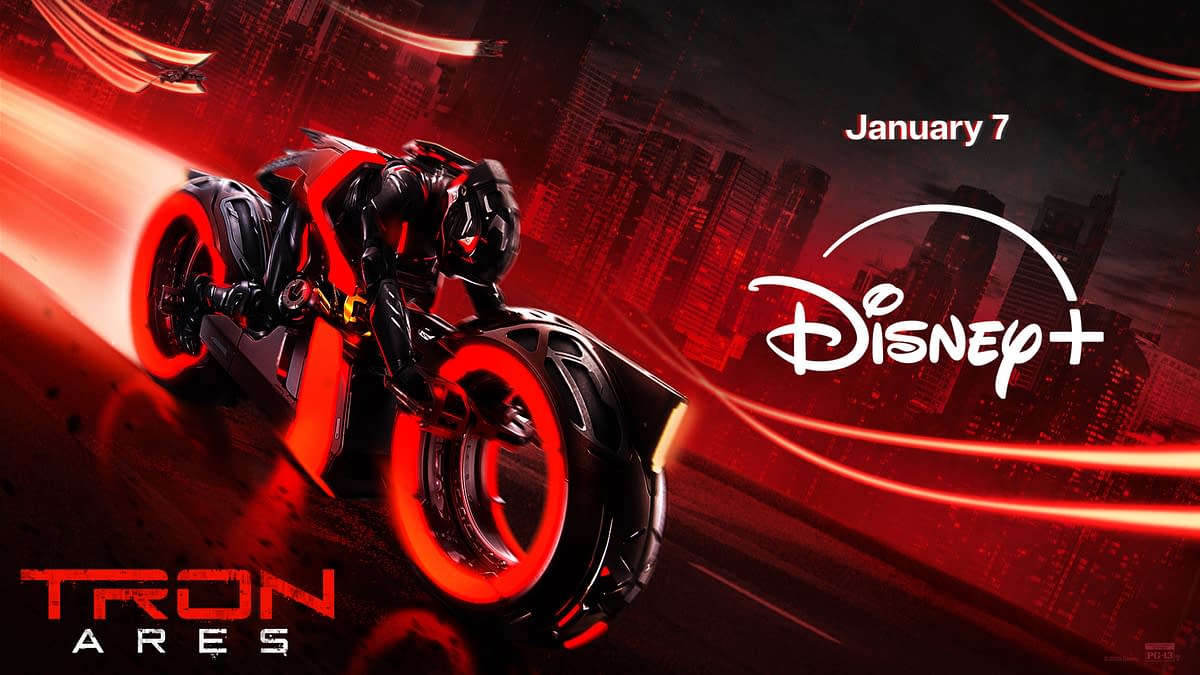 A dynamic illustration featuring a futuristic motorcycle alongside the Disney+ logo, announcing that 'TRON: Ares' will stream starting January 7. The background includes a stylized cityscape with red and black tones, evoking a sense of speed and adventure.
