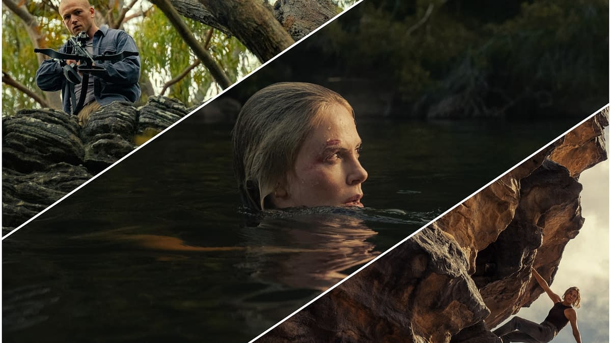 A collage featuring three intense scenes: a man with a firearm perched on a rocky ledge, a woman with a bruise partially submerged in water, and another woman climbing a steep rock face, highlighting themes of survival and tension in 'Apex'.