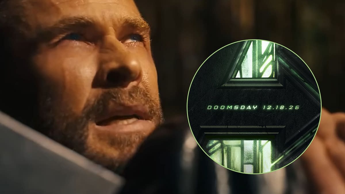 Chris Hemsworth in Avengers: Doomsday, showing intense emotion, is featured prominently in the foreground. A green logo with the text 'DOOMSDAY 12.18.26' is inset in the corner, hinting at an upcoming movie release.