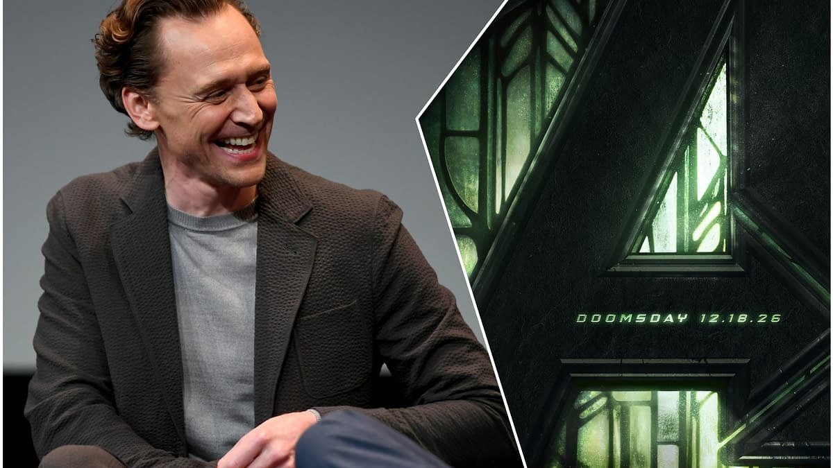Tom Hiddleston smiles while seated, alongside a dark green promotional graphic featuring the word 'Doomsday' and a large number '4,' hinting at an upcoming Avengers film release on December 18, 2026.