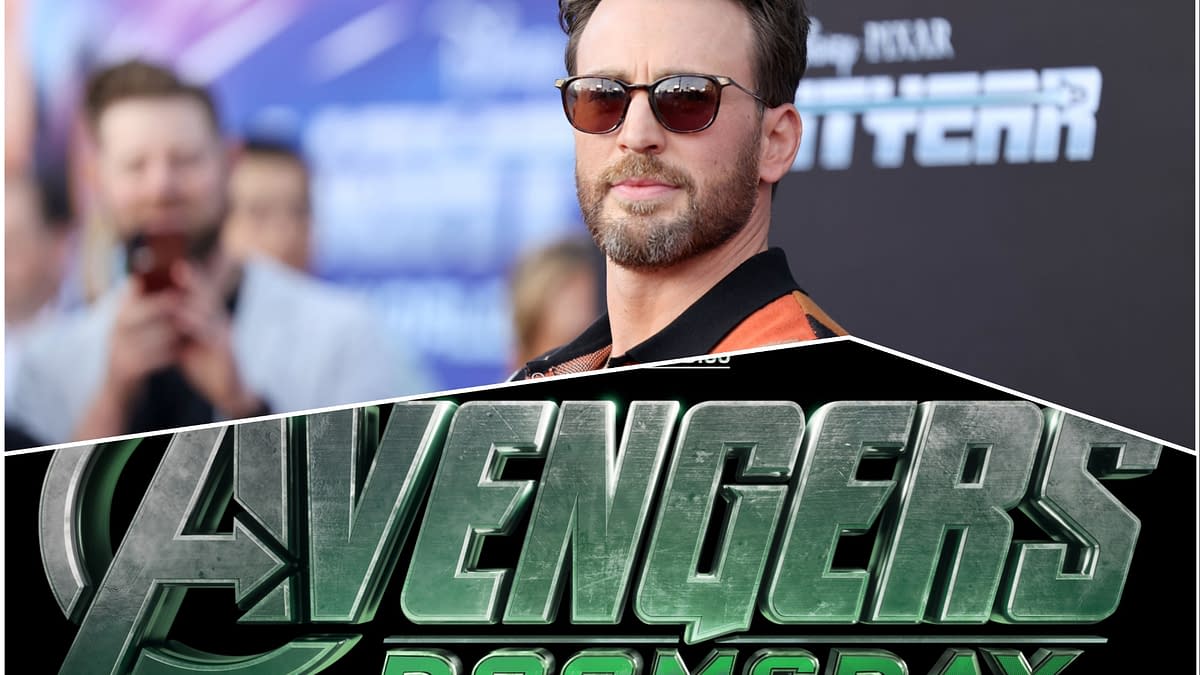 Chris Evans, wearing sunglasses and a dark orange shirt, poses confidently at a premiere event with a blurred background of onlookers. The image features the title 'Avengers: Doomsday' prominently displayed at the bottom.