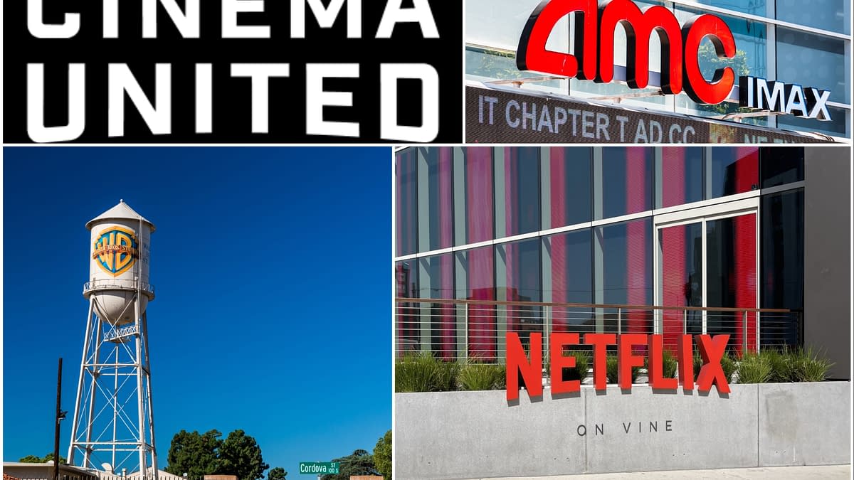 A collage featuring the logo for Cinema United, a Warner Bros. water tower, the AMC IMAX sign, and the Netflix headquarters sign, highlighting notable entities in the film industry.