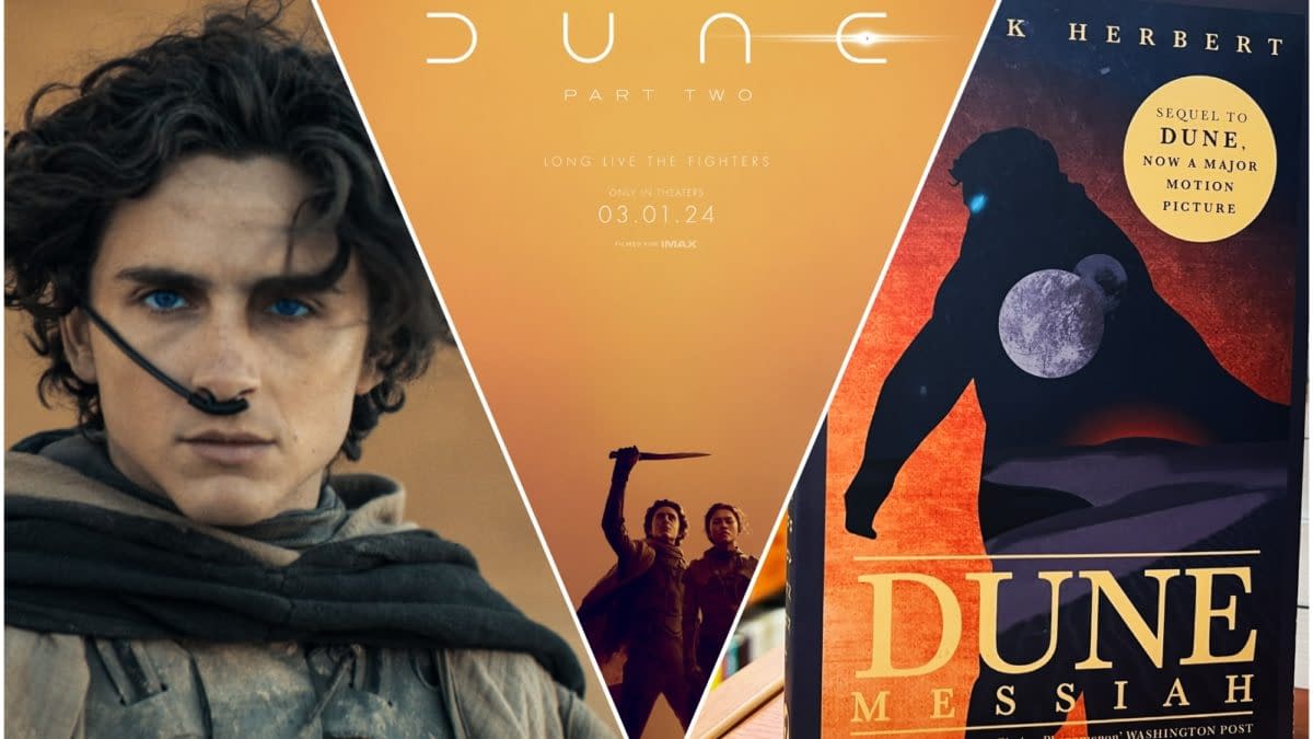 Collage featuring Paul Atreides from Dune, showcasing a cinematic and dramatic look with his intense blue eyes and desert clothing, alongside imagery from Dune Part Two and a cover of Dune Messiah, emphasizing the franchise's sci-fi themes.