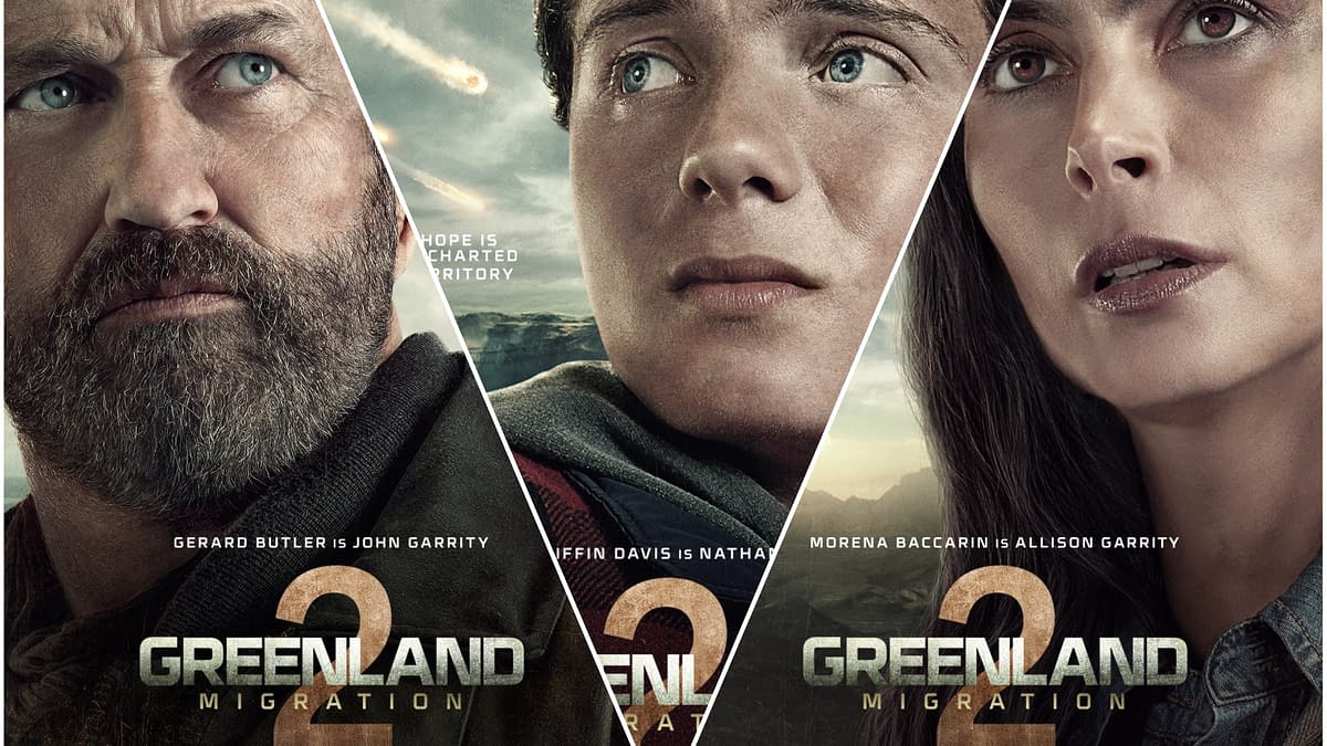 Promotional poster for 'Greenland 2: Migration' featuring three characters: a rugged man with a beard, a young man with curly hair, and a woman with long hair, all displaying intense expressions. The background includes a dramatic sky with falling celestial objects, emphasizing themes of survival and hope.