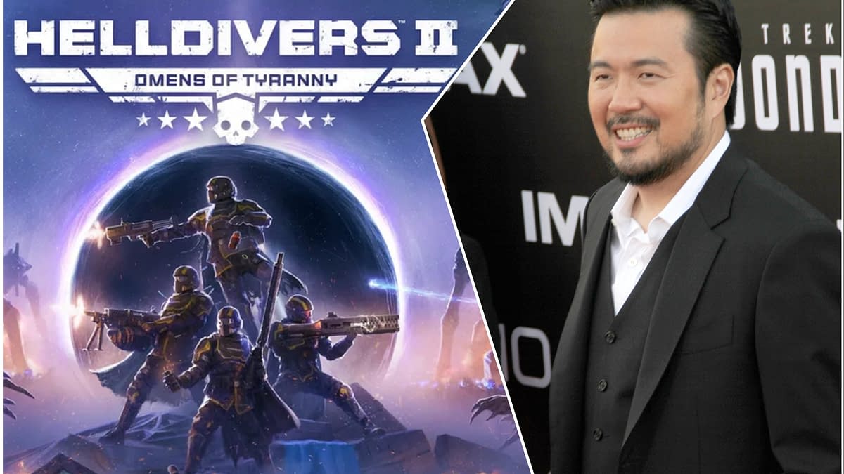 A split image showcasing the video game 'Helldivers II: Omens of Tyranny' with four armored soldiers aiming their weapons in a cosmic setting, alongside a portrait of filmmaker Justin Lin smiling at a red carpet event.