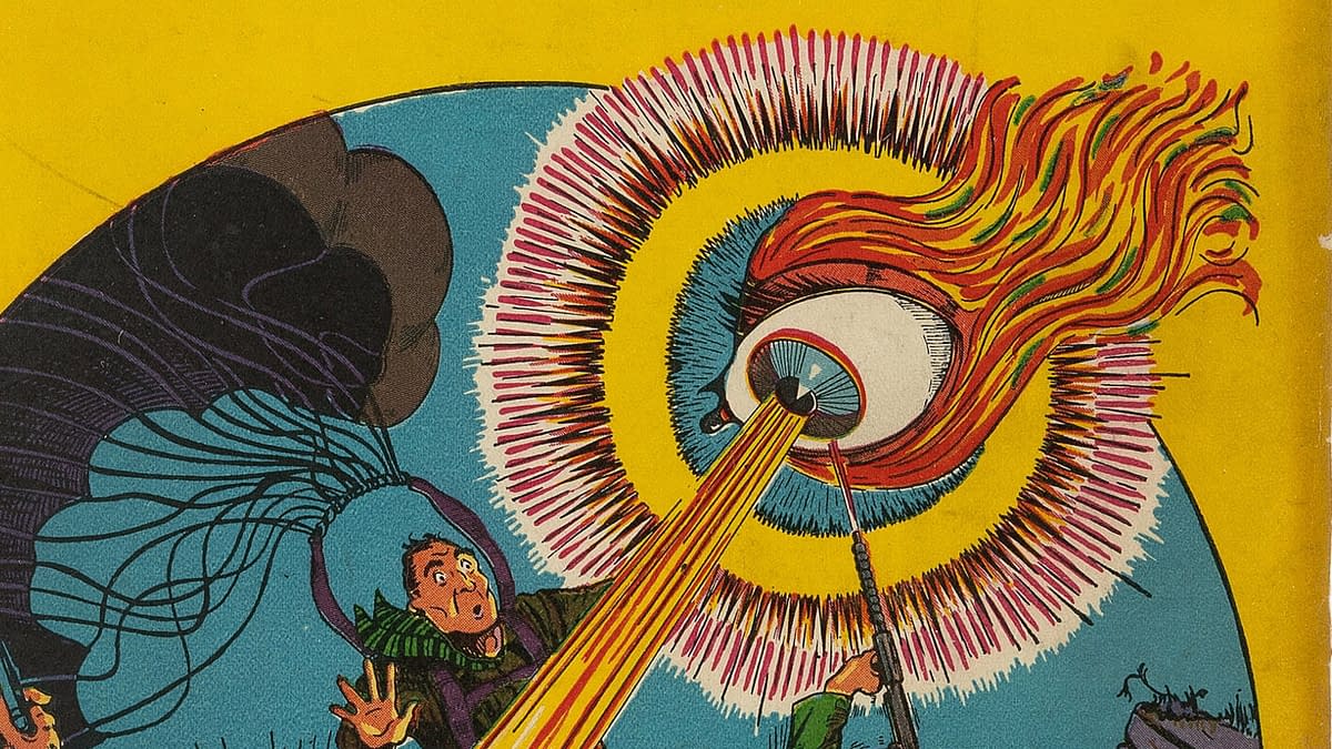 A colorful cartoon illustration featuring a large eye emitting beams of light, surrounded by vibrant flames and colorful circular patterns. In the foreground, two startled characters react to the spectacle, one pointing and the other looking surprised.