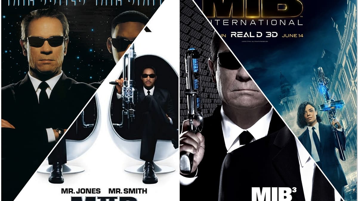 A collage featuring characters from the 'Men in Black' movies, including agents in suits and sunglasses holding futuristic weapons, showcasing various film titles like 'MIB3' and 'MIB International.' The design highlights the secrecy and sci-fi elements of the franchise.