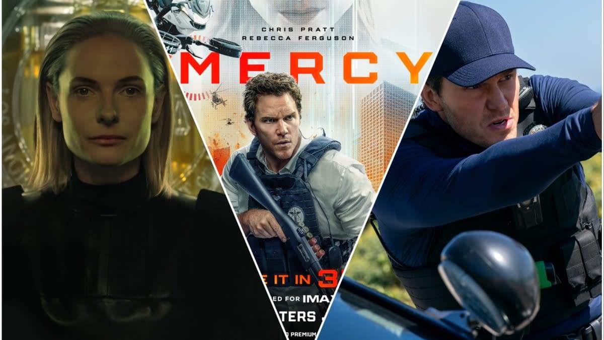 A promotional collage for the film "Mercy," featuring three scenes: a close-up of a woman with long hair, a man holding a weapon with a serious expression, and another man in a police uniform aiming a weapon. The film title "Mercy" is prominently displayed in bold orange letters.