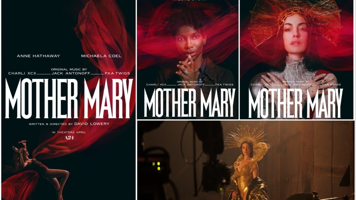 A promotional collage for the film 'Mother Mary,' featuring dramatic portraits of characters portrayed by Anne Hathaway, Michaela Coel, and FKA Twigs. Each section includes the title 'Mother Mary' in bold white text, with artistic visuals representing themes of love and mystique.