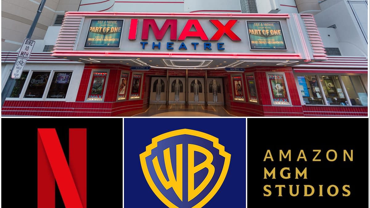 The image features the entrance of an IMAX theater with a bright marquee, alongside logos for Netflix, Warner Bros, and Amazon MGM Studios. The IMAX theater is prominently displayed at the top, highlighting a cinematic experience.