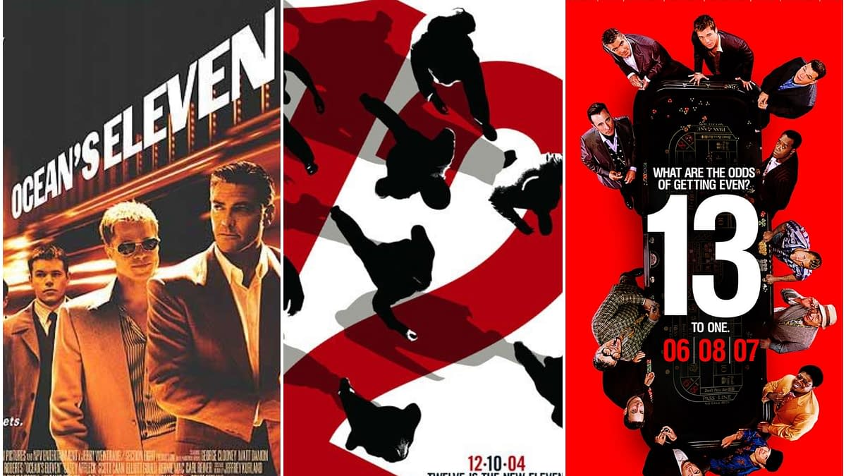 A collage featuring movie posters from 'Ocean's Eleven,' 'Ocean's Twelve,' and 'Ocean's Thirteen,' showcasing the main characters and stylistic elements of each film. The posters highlight themes of heists and camaraderie with distinctive color schemes and typography.