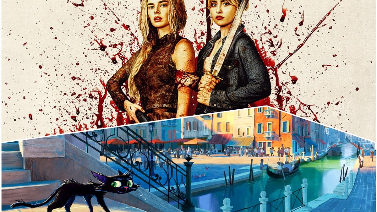 A split image featuring two women with weapons and blood splatter above, representing a horror theme, and a colorful animated scene of a canal with a cartoon black cat below, highlighting a lighthearted mood.