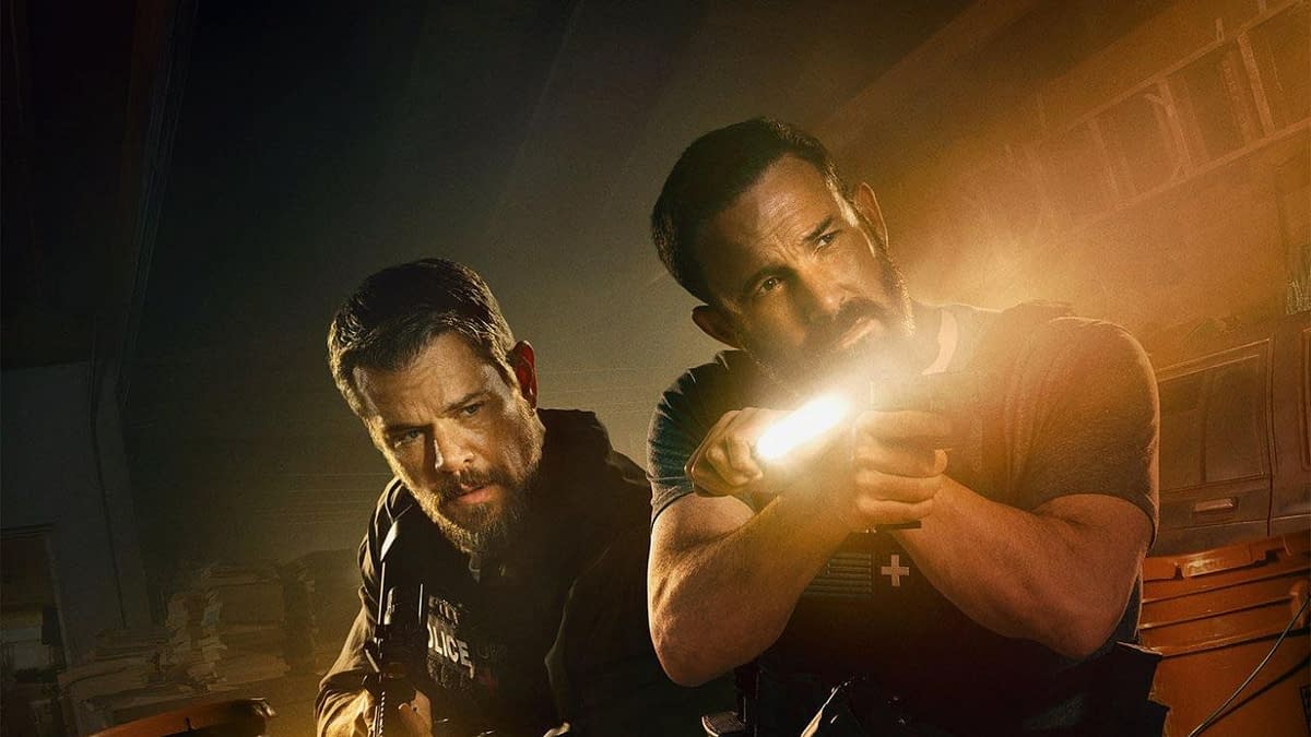 A movie poster for 'The Rip' featuring two men, played by Matt Damon and Ben Affleck, holding firearms and engaged in action, illuminated by flashlight beams. The poster includes the tagline 'COUNT ON NO ONE' and mentions its release on Netflix.