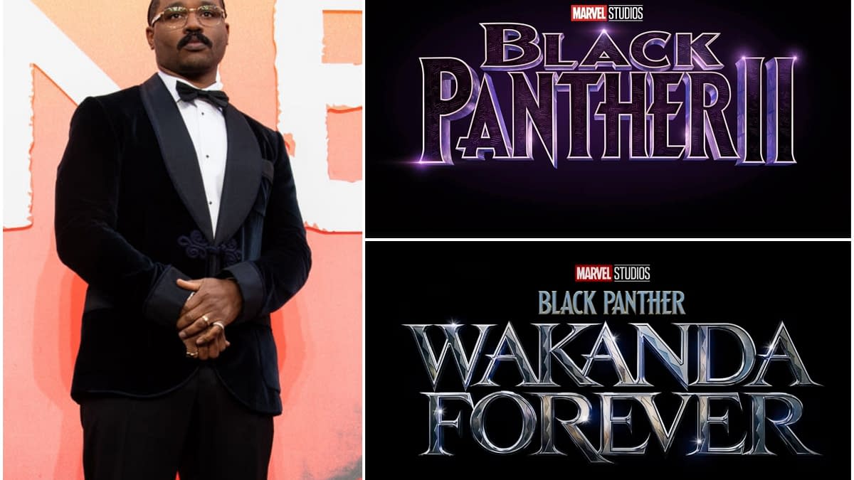 Ryan Coogler, dressed in a stylish tuxedo, stands confidently with his arms crossed against a backdrop. The image also features the titles "Black Panther II" and "Black Panther: Wakanda Forever" in striking designs.
