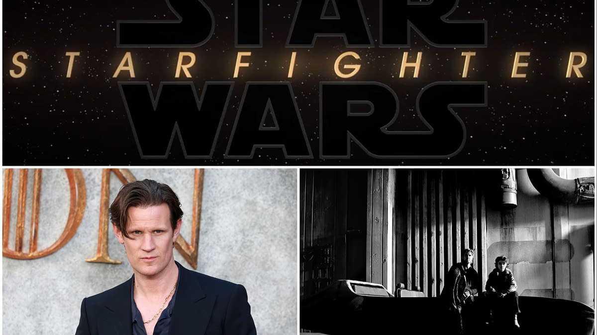 A promotional collage for the 'Star Wars: Starfighter' featuring a large stylized title at the top, a portrait of actor Matt Smith, and a black-and-white scene depicting two figures sitting near a starfighter. The image emphasizes the sci-fi theme and character dynamics.