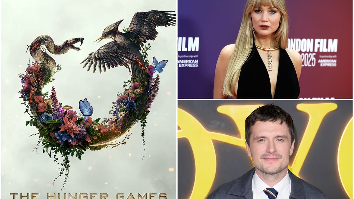 A stylized poster for 'The Hunger Games: Sunrise on the Reaping' featuring a circular design composed of flowers, a snake, and a bird, symbolizing themes of nature and conflict. The title is prominently displayed at the bottom.