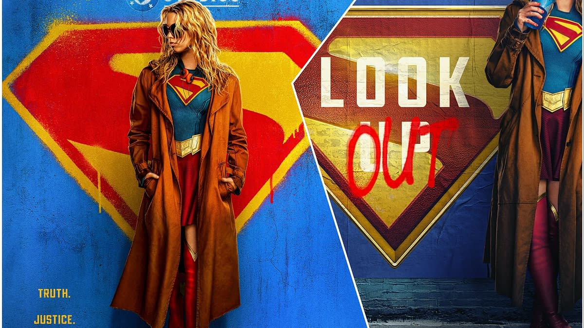 A colorful illustration featuring a character resembling Supergirl, wearing her iconic costume and a brown coat, standing beside a graffiti-style superman logo with the words 'LOOK OUT' written on it. The background is vibrant with blue and red tones, emphasizing themes of heroism and justice.