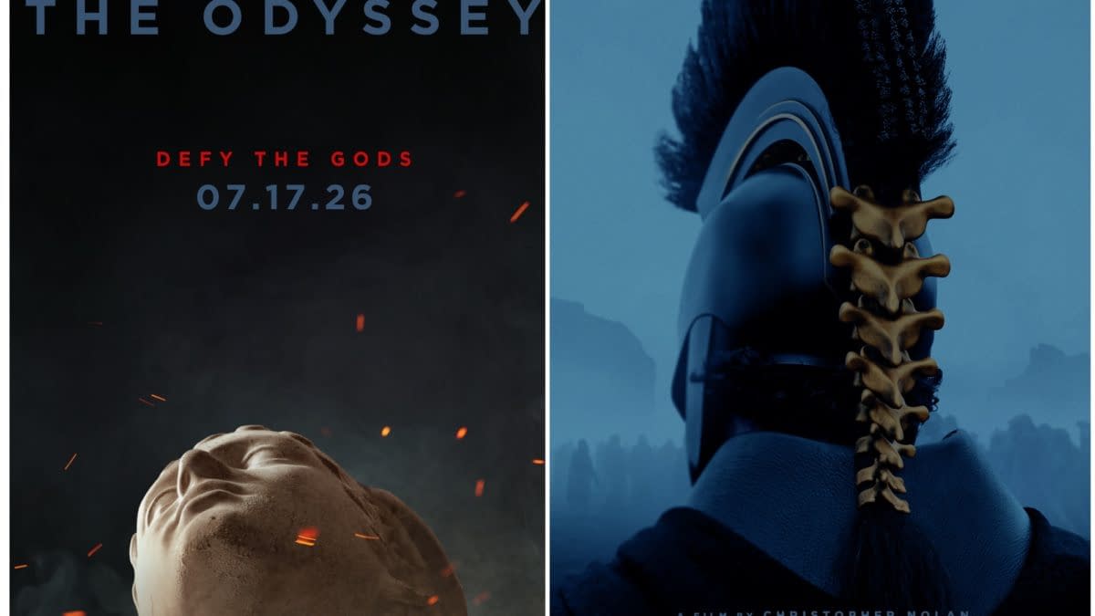A promotional poster for the film 'The Odyssey' directed by Christopher Nolan, featuring a stylized rendering of a heroic figure in a dark setting, accompanied by the text 'Defy the Gods' and the release date '07.17.26.'