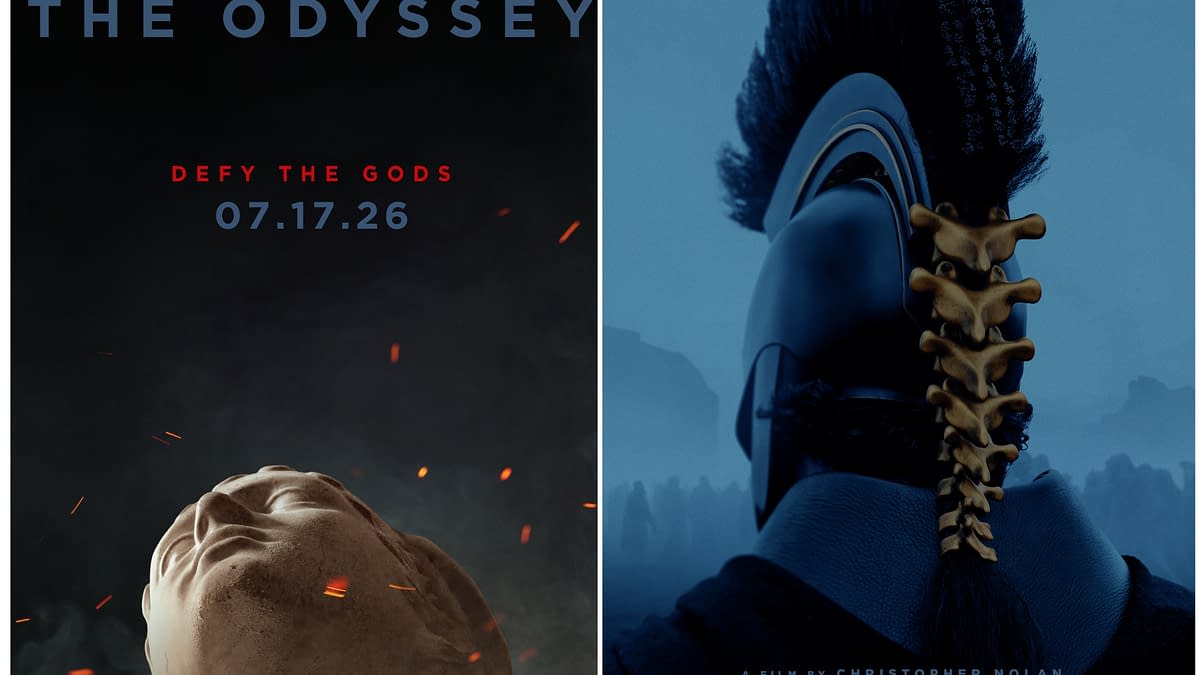 A promotional poster for the film 'The Odyssey' directed by Christopher Nolan, featuring a stylized rendering of a heroic figure in a dark setting, accompanied by the text 'Defy the Gods' and the release date '07.17.26.'