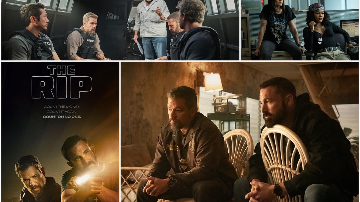 A collage featuring scenes from 'The Rip,' including characters in police attire, and tense moments of conversation. The title 'THE RIP' is prominently displayed with the tagline 'COUNT THE MONEY. COUNT IT AGAIN. COUNT ON NO ONE.'