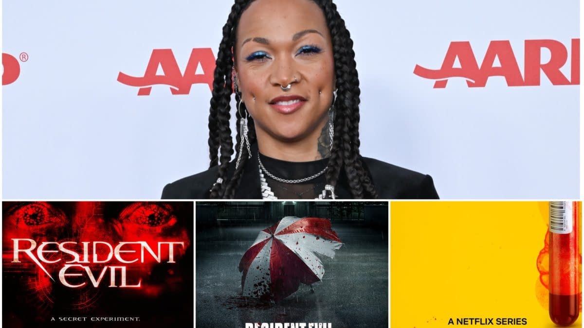 A promotional collage related to Resident Evil featuring an actress with braided hair, alongside iconic visuals from the franchise, including logos and imagery from games and the Netflix series.