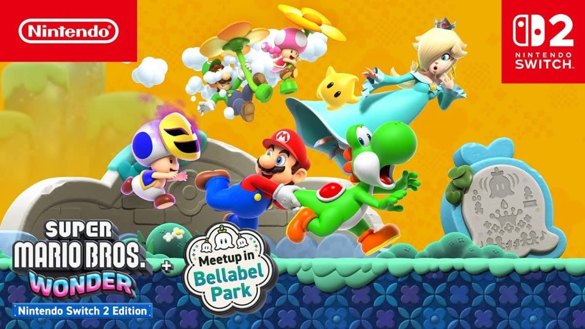 A vibrant cartoon scene featuring characters from Super Mario Bros. Wonder, including Mario, Yoshi, and Toad, set against a colorful background. The logo for Nintendo Switch 2 Edition and a banner indicating a meetup in Bellabel Park are present.