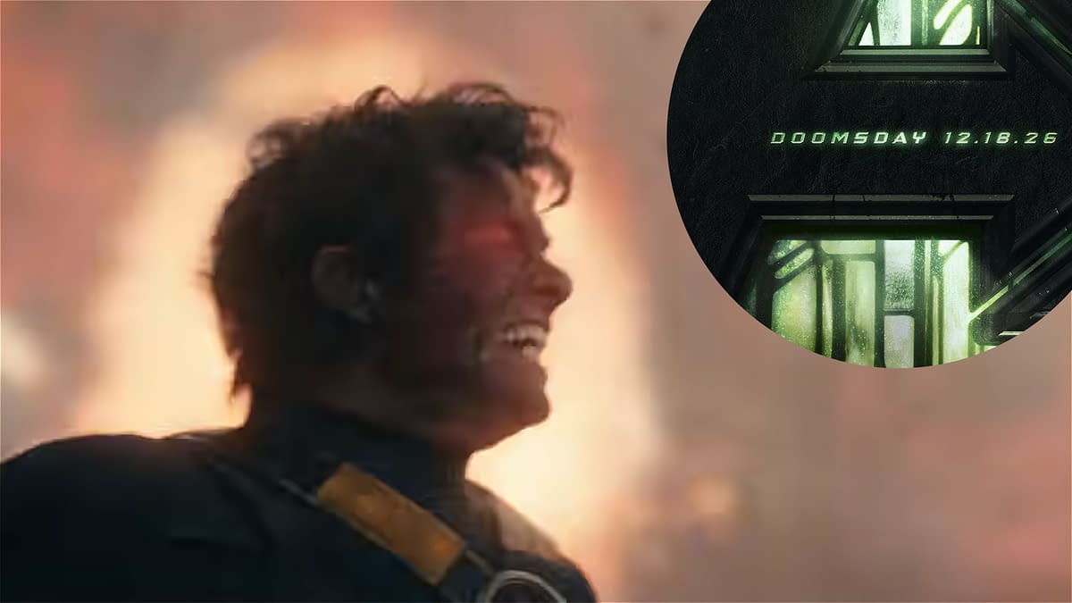 A dramatic scene features a character with intense emotions, set against a fiery background. In the corner, a stylized logo displays the word 'DOOMSDAY' along with the date '12.18.26.'