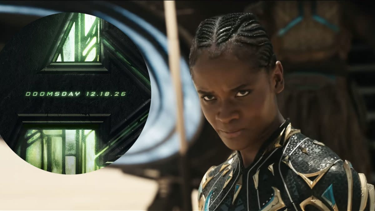 A promotional illustration for 'Avengers: Doomsday,' featuring the number 'A' with a futuristic design and glowing green elements. The date 'DOOMSDAY 12.18.26' is displayed beneath it.