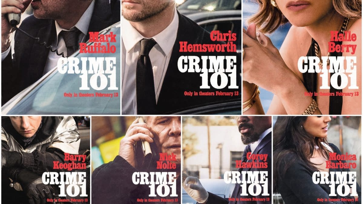 A collage of character posters for the film "Crime 101," featuring headshots of actors Mark Ruffalo, Chris Hemsworth, Halle Berry, Barry Keoghan, Nick Nolte, Corey Hawkins, and Monica Barbaro, each prominently displaying their names and the movie title with a release date of February 13.