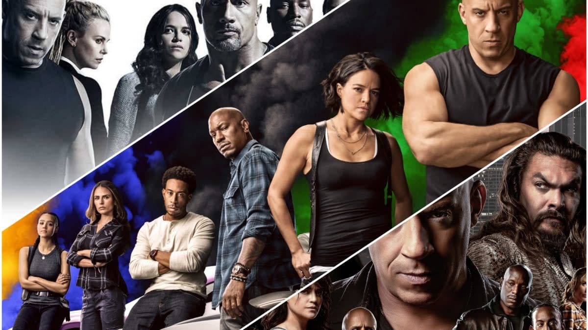 A promotional collage for 'Fast & Furious' featuring key characters from the franchise, including Vin Diesel, Dwayne Johnson, and Michelle Rodriguez, with vibrant colored smoke backgrounds. This image symbolizes the action and camaraderie present in the series.
