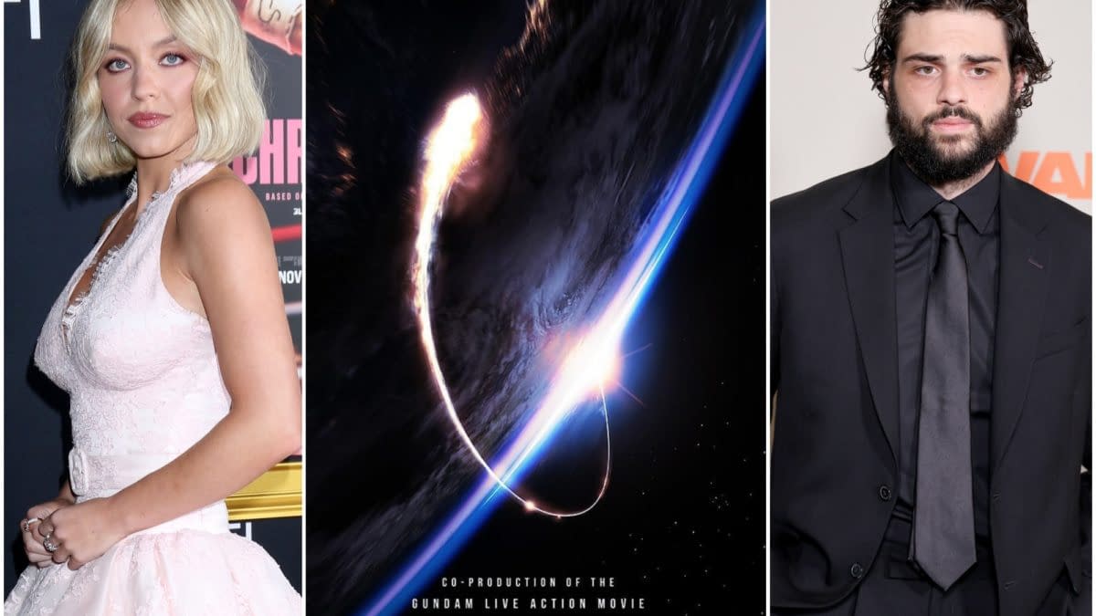 A collage featuring promotional elements for the Gundam live-action movie including a cinematic space scene with a glowing arc, and two actors posing at events. The bottom text indicates the co-production status of the film.