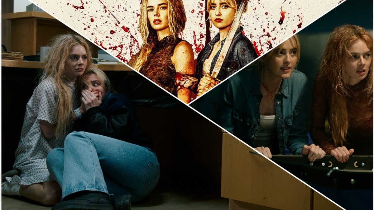 A promotional illustration for 'Ready Or Not 2,' featuring two women with serious expressions, surrounded by blood splatters, alongside scenes of other characters hiding in fear, reflecting the horror theme of the film.