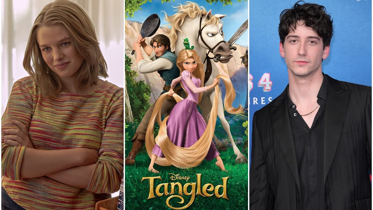 A collage featuring a woman with shoulder-length hair and a striped sweater on the left, the animated movie poster for Disney's "Tangled" in the center showcasing Rapunzel and Flynn Rider, and a young man with dark, curly hair in a black suit on the right. The poster indicates a new cinematic adventure.