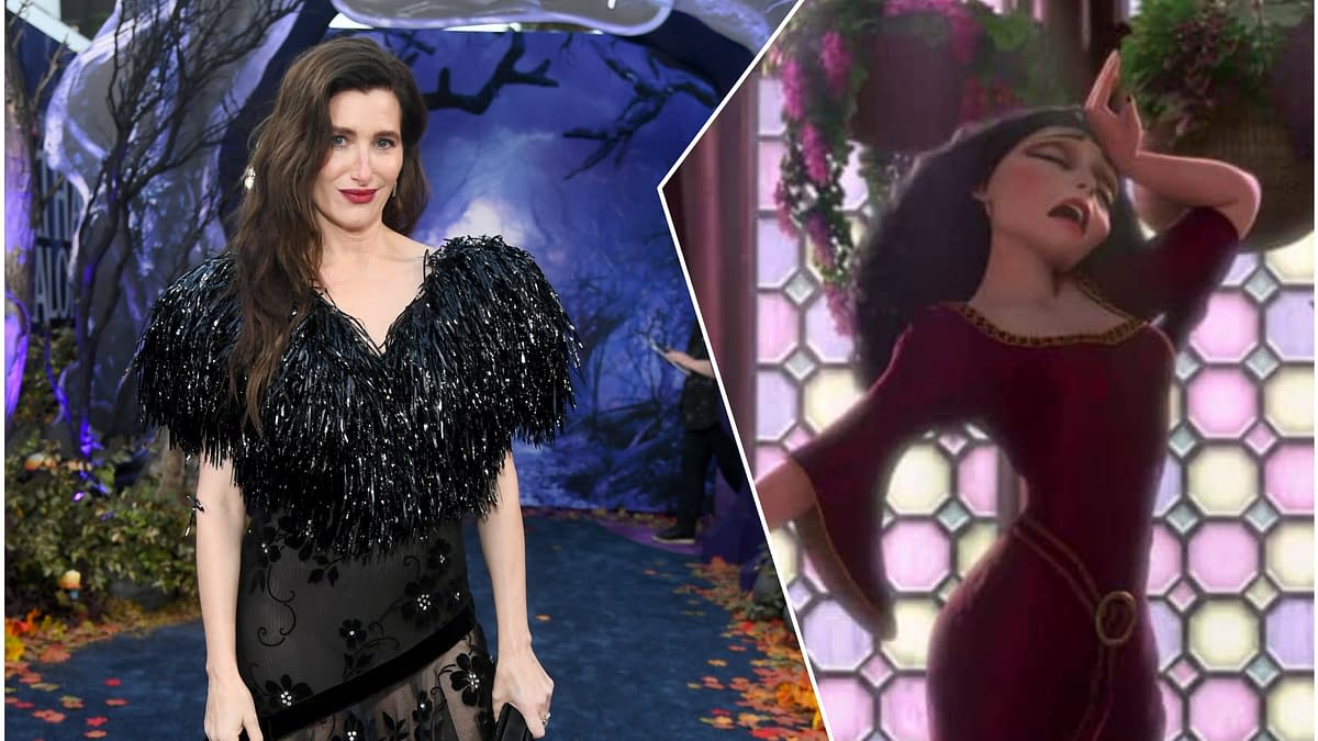 A split image featuring Kathryn Hahn in a glamorous black outfit with a fringed top at a Disney+ event, alongside an animated character resembling her in a deep red dress, striking a dramatic pose against a colorful background.
